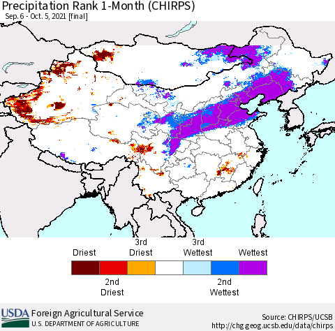 China, Mongolia and Taiwan Precipitation Rank since 1981, 1-Month (CHIRPS) Thematic Map For 9/6/2021 - 10/5/2021