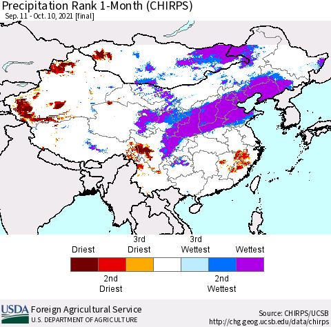 China, Mongolia and Taiwan Precipitation Rank since 1981, 1-Month (CHIRPS) Thematic Map For 9/11/2021 - 10/10/2021