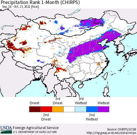 China, Mongolia and Taiwan Precipitation Rank since 1981, 1-Month (CHIRPS) Thematic Map For 9/16/2021 - 10/15/2021