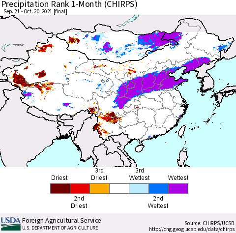 China, Mongolia and Taiwan Precipitation Rank since 1981, 1-Month (CHIRPS) Thematic Map For 9/21/2021 - 10/20/2021