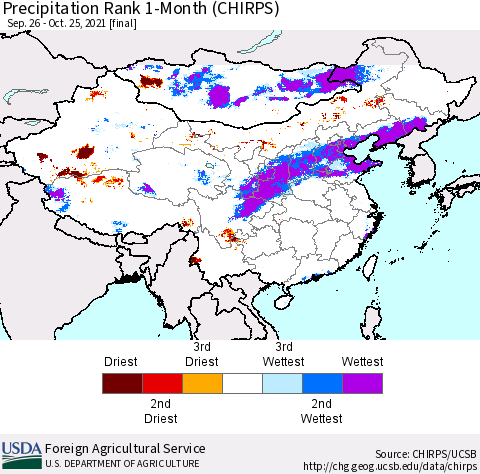 China, Mongolia and Taiwan Precipitation Rank since 1981, 1-Month (CHIRPS) Thematic Map For 9/26/2021 - 10/25/2021