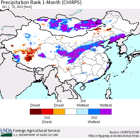 China, Mongolia and Taiwan Precipitation Rank since 1981, 1-Month (CHIRPS) Thematic Map For 10/1/2021 - 10/31/2021