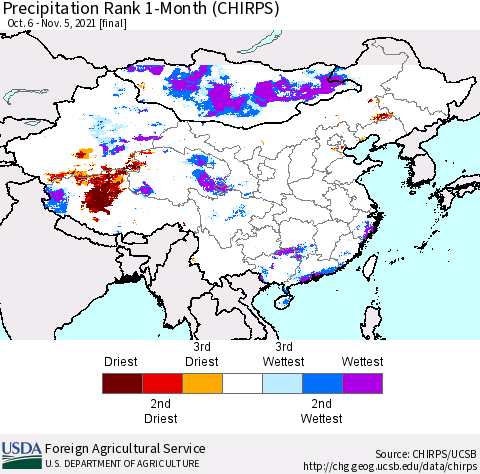 China, Mongolia and Taiwan Precipitation Rank since 1981, 1-Month (CHIRPS) Thematic Map For 10/6/2021 - 11/5/2021