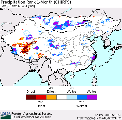 China, Mongolia and Taiwan Precipitation Rank since 1981, 1-Month (CHIRPS) Thematic Map For 10/11/2021 - 11/10/2021
