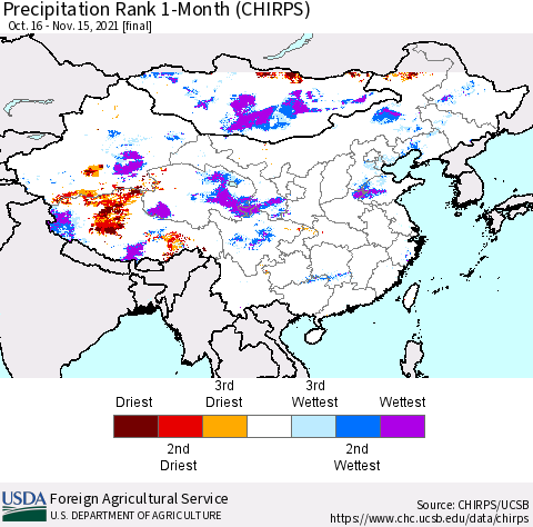 China, Mongolia and Taiwan Precipitation Rank since 1981, 1-Month (CHIRPS) Thematic Map For 10/16/2021 - 11/15/2021