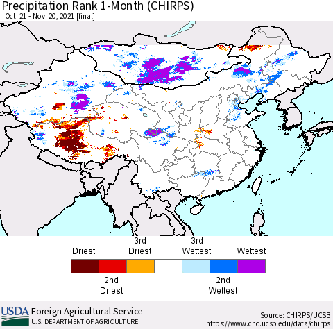 China, Mongolia and Taiwan Precipitation Rank since 1981, 1-Month (CHIRPS) Thematic Map For 10/21/2021 - 11/20/2021