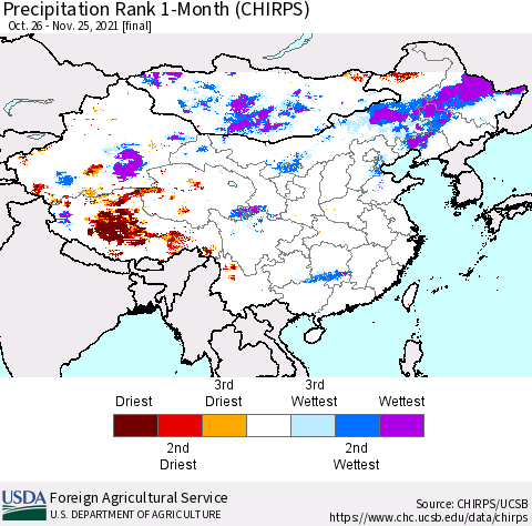 China, Mongolia and Taiwan Precipitation Rank since 1981, 1-Month (CHIRPS) Thematic Map For 10/26/2021 - 11/25/2021