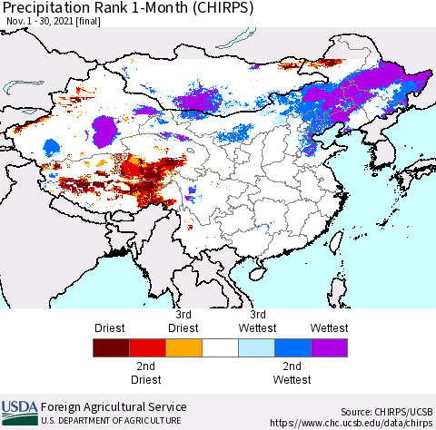 China, Mongolia and Taiwan Precipitation Rank since 1981, 1-Month (CHIRPS) Thematic Map For 11/1/2021 - 11/30/2021