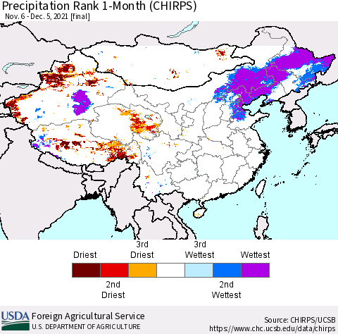 China, Mongolia and Taiwan Precipitation Rank since 1981, 1-Month (CHIRPS) Thematic Map For 11/6/2021 - 12/5/2021