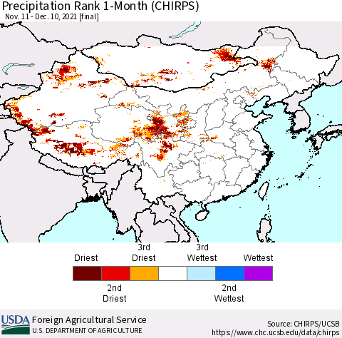 China, Mongolia and Taiwan Precipitation Rank since 1981, 1-Month (CHIRPS) Thematic Map For 11/11/2021 - 12/10/2021