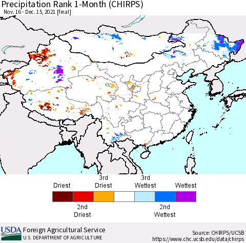 China, Mongolia and Taiwan Precipitation Rank since 1981, 1-Month (CHIRPS) Thematic Map For 11/16/2021 - 12/15/2021