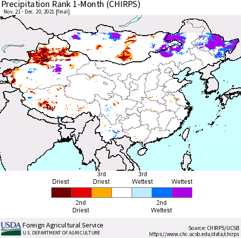 China, Mongolia and Taiwan Precipitation Rank since 1981, 1-Month (CHIRPS) Thematic Map For 11/21/2021 - 12/20/2021