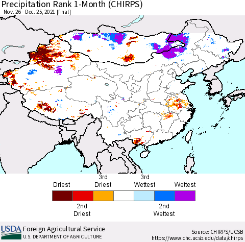 China, Mongolia and Taiwan Precipitation Rank since 1981, 1-Month (CHIRPS) Thematic Map For 11/26/2021 - 12/25/2021