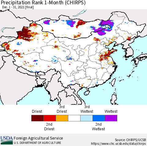 China, Mongolia and Taiwan Precipitation Rank since 1981, 1-Month (CHIRPS) Thematic Map For 12/1/2021 - 12/31/2021