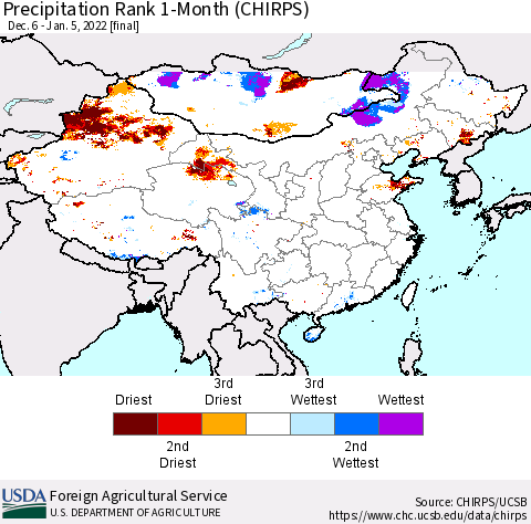 China, Mongolia and Taiwan Precipitation Rank since 1981, 1-Month (CHIRPS) Thematic Map For 12/6/2021 - 1/5/2022