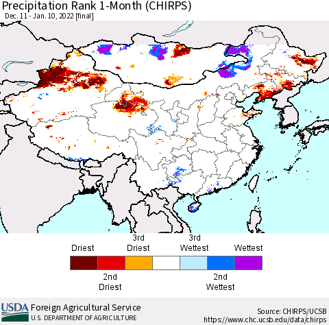 China, Mongolia and Taiwan Precipitation Rank since 1981, 1-Month (CHIRPS) Thematic Map For 12/11/2021 - 1/10/2022