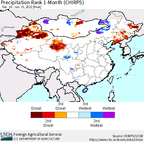 China, Mongolia and Taiwan Precipitation Rank since 1981, 1-Month (CHIRPS) Thematic Map For 12/16/2021 - 1/15/2022