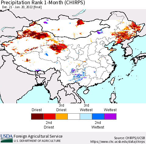China, Mongolia and Taiwan Precipitation Rank since 1981, 1-Month (CHIRPS) Thematic Map For 12/21/2021 - 1/20/2022