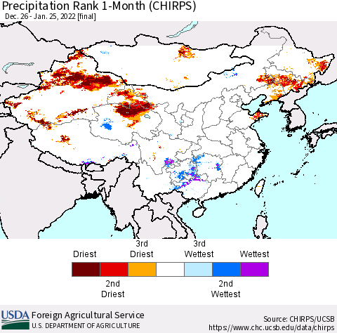 China, Mongolia and Taiwan Precipitation Rank since 1981, 1-Month (CHIRPS) Thematic Map For 12/26/2021 - 1/25/2022