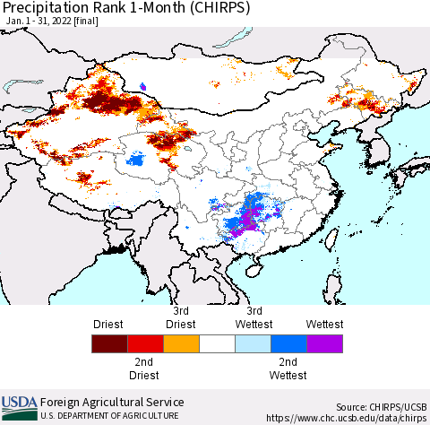 China, Mongolia and Taiwan Precipitation Rank since 1981, 1-Month (CHIRPS) Thematic Map For 1/1/2022 - 1/31/2022