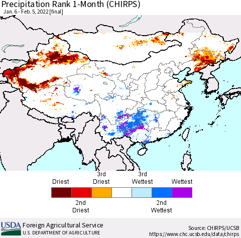China, Mongolia and Taiwan Precipitation Rank since 1981, 1-Month (CHIRPS) Thematic Map For 1/6/2022 - 2/5/2022