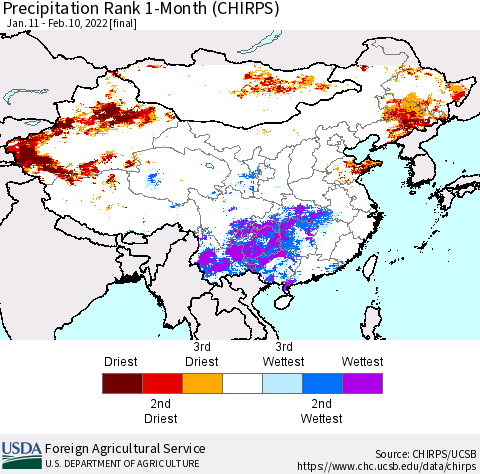 China, Mongolia and Taiwan Precipitation Rank since 1981, 1-Month (CHIRPS) Thematic Map For 1/11/2022 - 2/10/2022