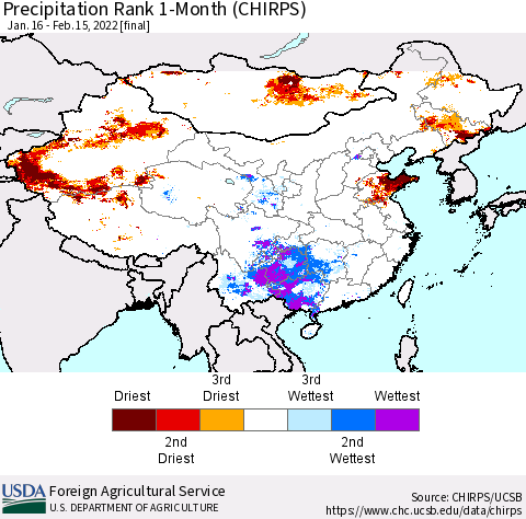 China, Mongolia and Taiwan Precipitation Rank since 1981, 1-Month (CHIRPS) Thematic Map For 1/16/2022 - 2/15/2022