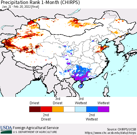 China, Mongolia and Taiwan Precipitation Rank since 1981, 1-Month (CHIRPS) Thematic Map For 1/21/2022 - 2/20/2022