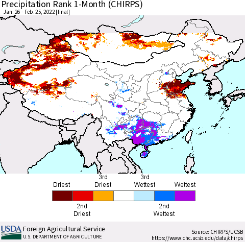 China, Mongolia and Taiwan Precipitation Rank since 1981, 1-Month (CHIRPS) Thematic Map For 1/26/2022 - 2/25/2022