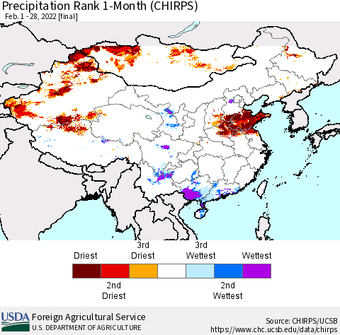 China, Mongolia and Taiwan Precipitation Rank since 1981, 1-Month (CHIRPS) Thematic Map For 2/1/2022 - 2/28/2022
