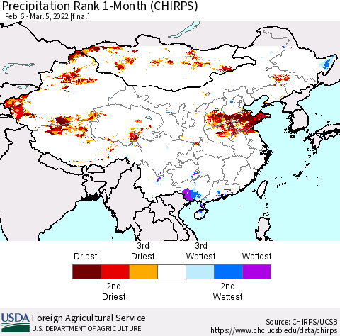China, Mongolia and Taiwan Precipitation Rank since 1981, 1-Month (CHIRPS) Thematic Map For 2/6/2022 - 3/5/2022