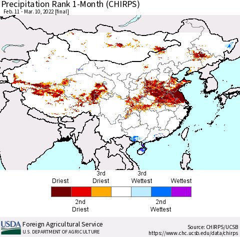China, Mongolia and Taiwan Precipitation Rank since 1981, 1-Month (CHIRPS) Thematic Map For 2/11/2022 - 3/10/2022