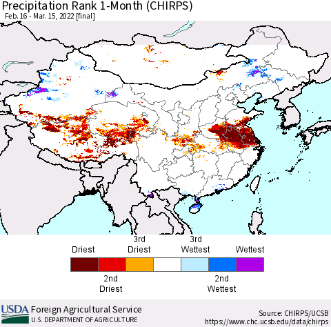 China, Mongolia and Taiwan Precipitation Rank since 1981, 1-Month (CHIRPS) Thematic Map For 2/16/2022 - 3/15/2022