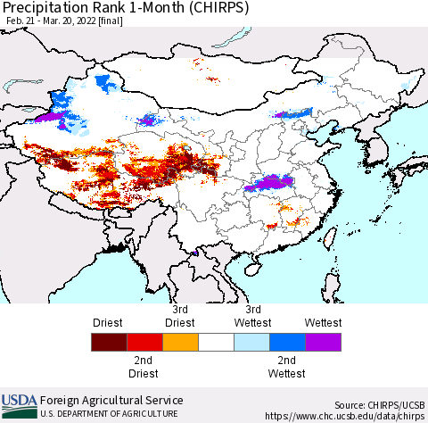 China, Mongolia and Taiwan Precipitation Rank since 1981, 1-Month (CHIRPS) Thematic Map For 2/21/2022 - 3/20/2022