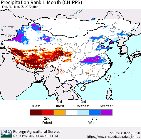 China, Mongolia and Taiwan Precipitation Rank since 1981, 1-Month (CHIRPS) Thematic Map For 2/26/2022 - 3/25/2022