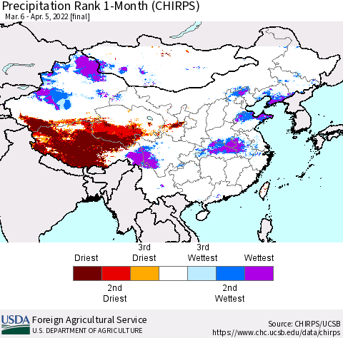 China, Mongolia and Taiwan Precipitation Rank since 1981, 1-Month (CHIRPS) Thematic Map For 3/6/2022 - 4/5/2022