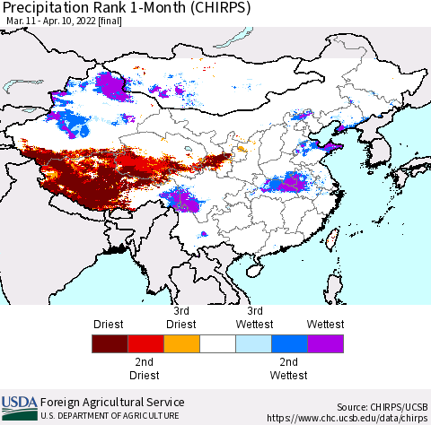 China, Mongolia and Taiwan Precipitation Rank since 1981, 1-Month (CHIRPS) Thematic Map For 3/11/2022 - 4/10/2022