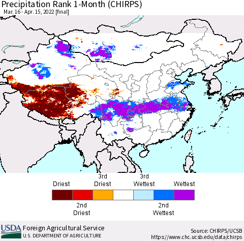 China, Mongolia and Taiwan Precipitation Rank since 1981, 1-Month (CHIRPS) Thematic Map For 3/16/2022 - 4/15/2022
