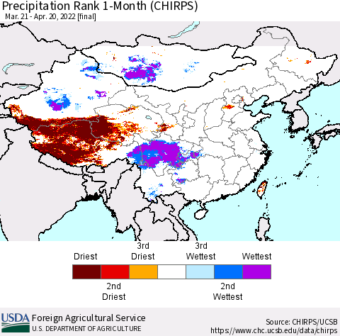 China, Mongolia and Taiwan Precipitation Rank since 1981, 1-Month (CHIRPS) Thematic Map For 3/21/2022 - 4/20/2022