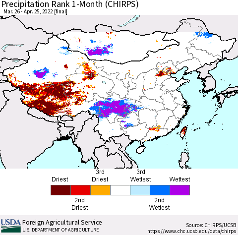 China, Mongolia and Taiwan Precipitation Rank since 1981, 1-Month (CHIRPS) Thematic Map For 3/26/2022 - 4/25/2022