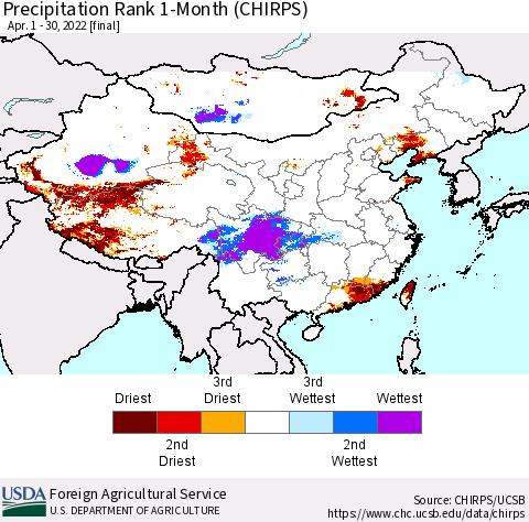 China, Mongolia and Taiwan Precipitation Rank since 1981, 1-Month (CHIRPS) Thematic Map For 4/1/2022 - 4/30/2022