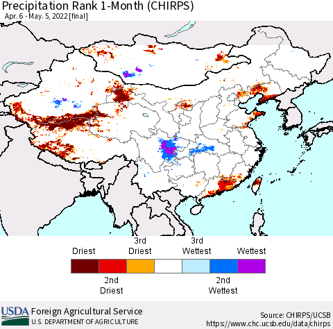 China, Mongolia and Taiwan Precipitation Rank since 1981, 1-Month (CHIRPS) Thematic Map For 4/6/2022 - 5/5/2022