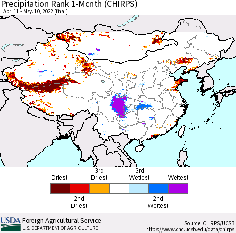 China, Mongolia and Taiwan Precipitation Rank since 1981, 1-Month (CHIRPS) Thematic Map For 4/11/2022 - 5/10/2022