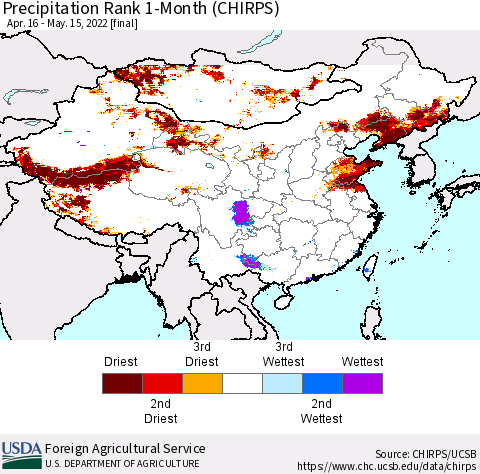 China, Mongolia and Taiwan Precipitation Rank since 1981, 1-Month (CHIRPS) Thematic Map For 4/16/2022 - 5/15/2022