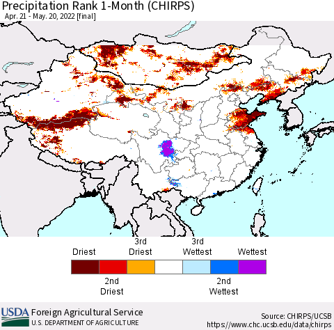 China, Mongolia and Taiwan Precipitation Rank since 1981, 1-Month (CHIRPS) Thematic Map For 4/21/2022 - 5/20/2022