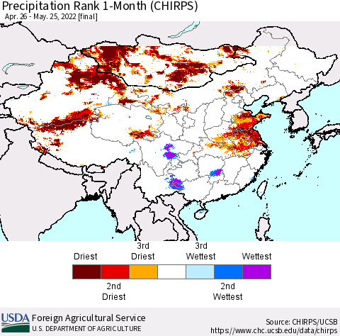 China, Mongolia and Taiwan Precipitation Rank since 1981, 1-Month (CHIRPS) Thematic Map For 4/26/2022 - 5/25/2022