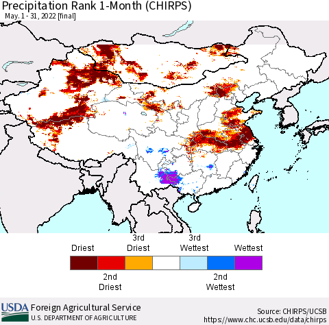 China, Mongolia and Taiwan Precipitation Rank since 1981, 1-Month (CHIRPS) Thematic Map For 5/1/2022 - 5/31/2022