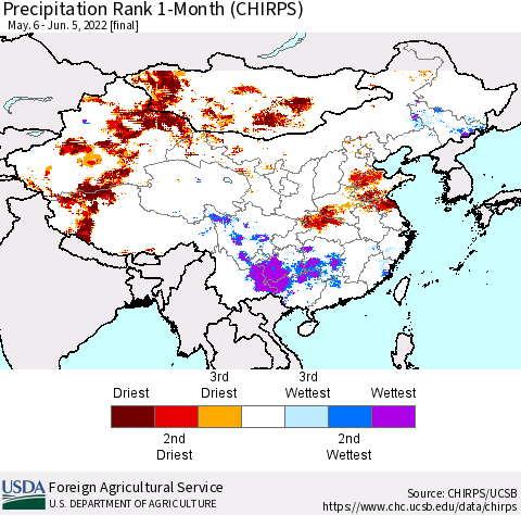China, Mongolia and Taiwan Precipitation Rank since 1981, 1-Month (CHIRPS) Thematic Map For 5/6/2022 - 6/5/2022