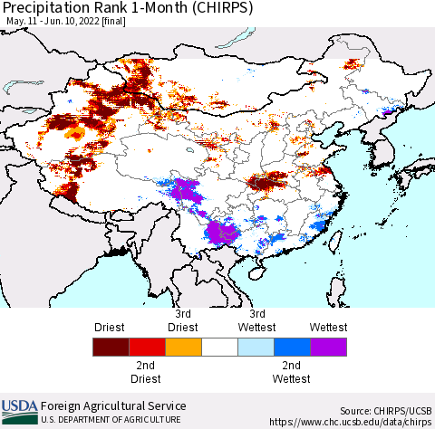 China, Mongolia and Taiwan Precipitation Rank since 1981, 1-Month (CHIRPS) Thematic Map For 5/11/2022 - 6/10/2022