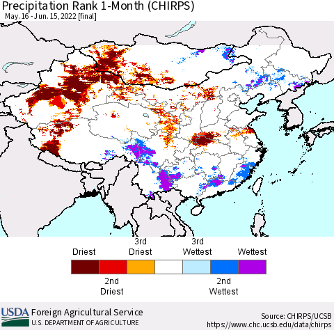 China, Mongolia and Taiwan Precipitation Rank since 1981, 1-Month (CHIRPS) Thematic Map For 5/16/2022 - 6/15/2022